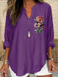 Women's Purple Alzheimer's Awareness Floral Printed Casual Linen Blouse