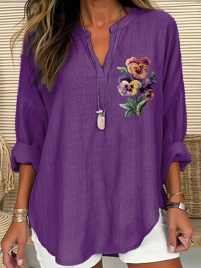 Women's Purple Alzheimer's Awareness Floral Printed Casual Linen Blouse