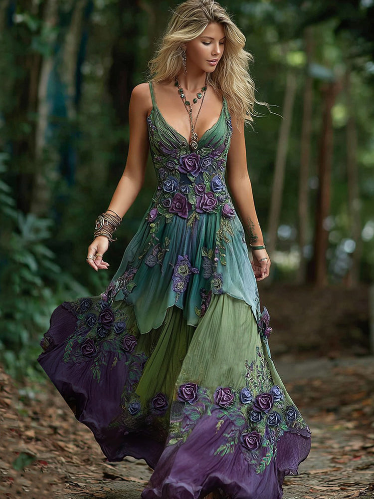 Women's Vintage Floral Embroidery Gradient Maxi Dress