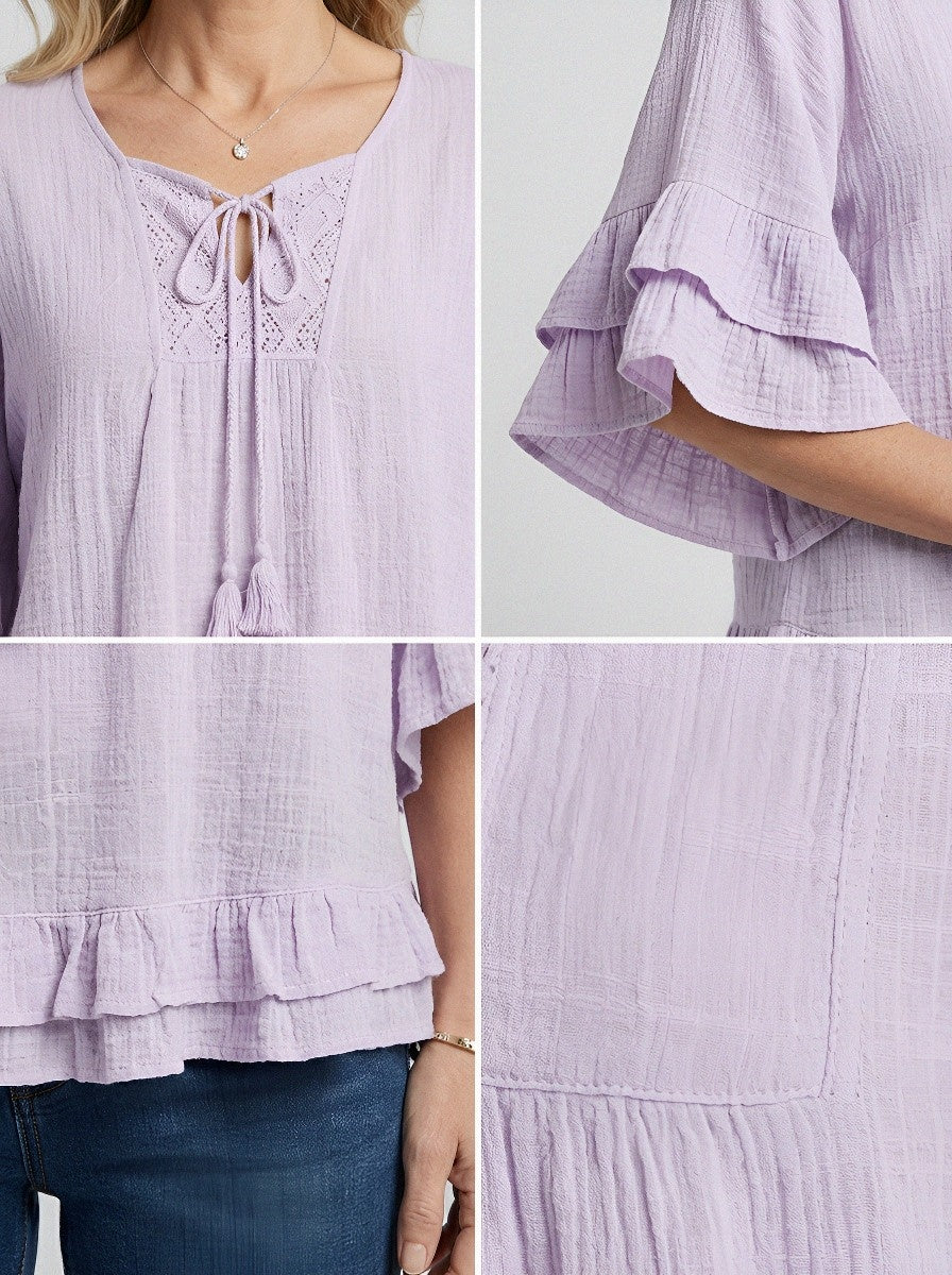 Women's Western Vintage Lace Ruffle Trim Printed Top