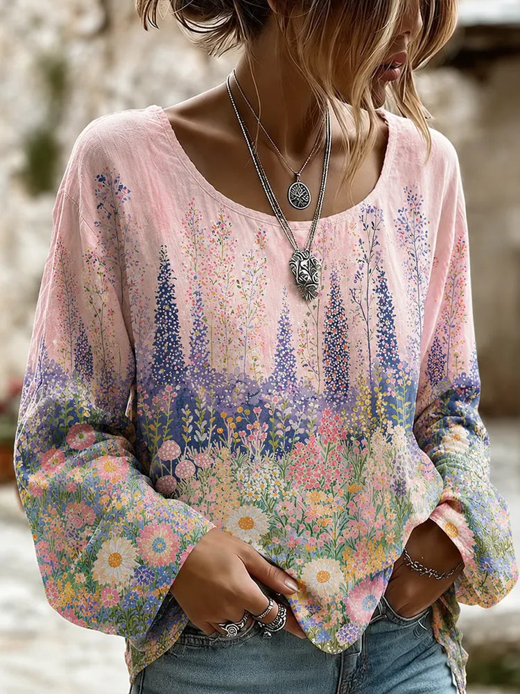 Women's Long Sleeve Crew Neck Casual Pullover Top With Pink Gradient And Wildflower Meadow Print