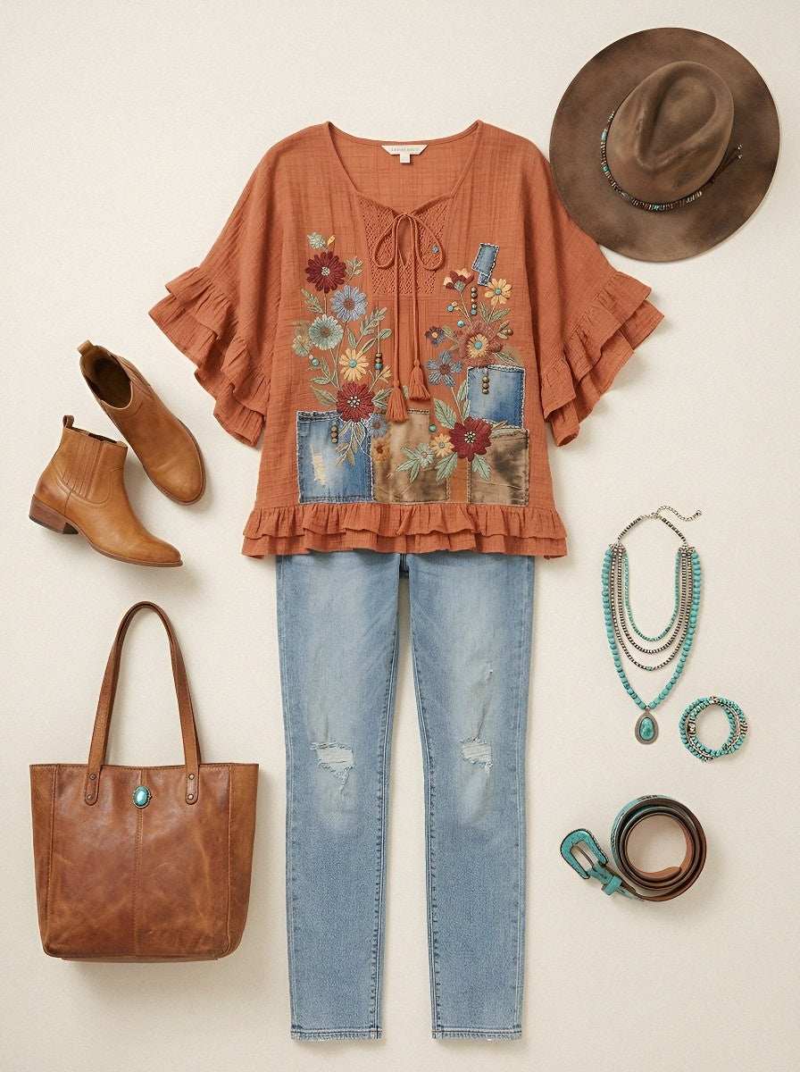 Women's Western Vintage Floral Denim Patchwork Printed Top