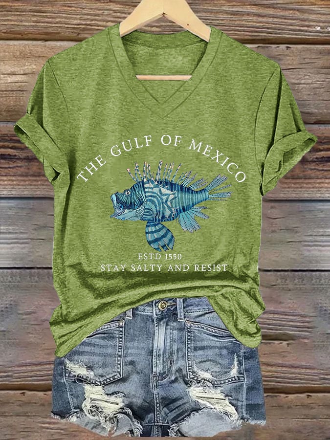 Women's Gulf Of Mexico Printed V Neck T-shirt