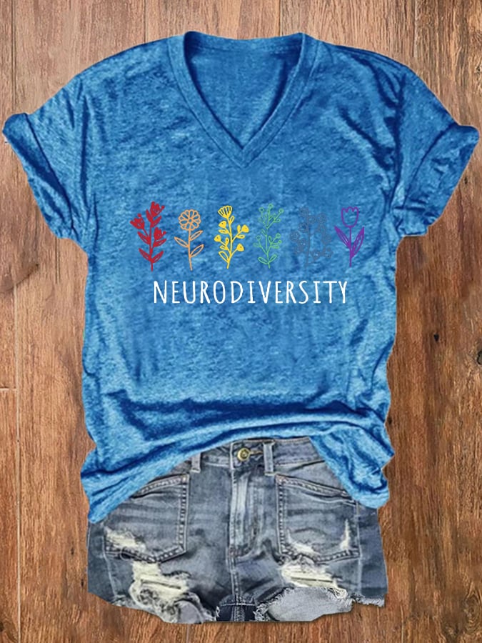Women's Autism Awareness Neurodiversity Printed V-Neck Tee