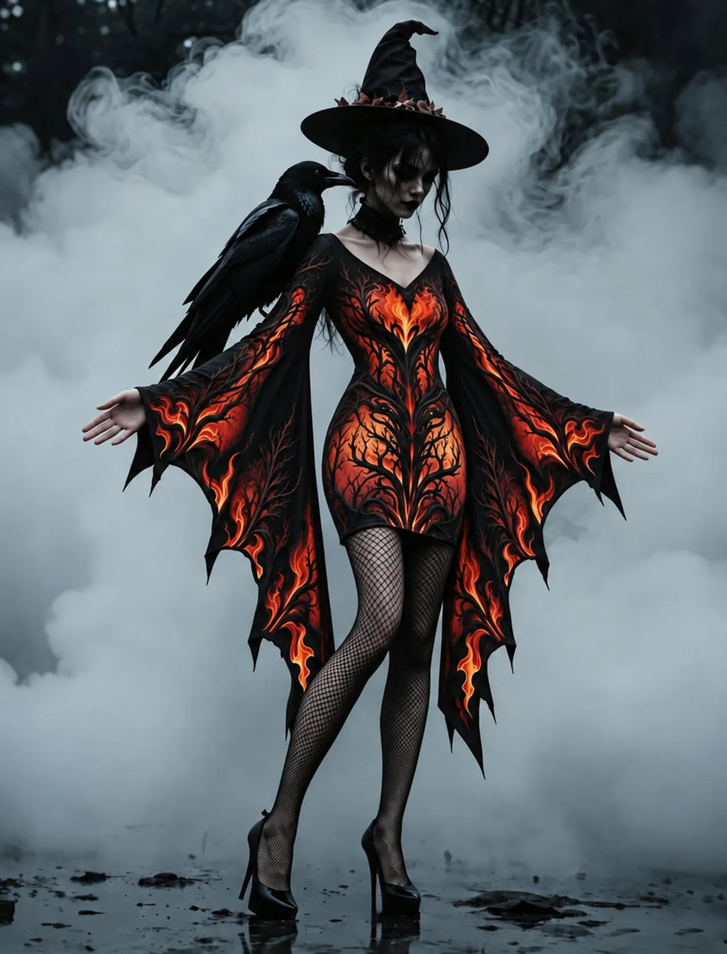 Women's Gothic Fire Tree Print Batwing Flare Sleeve V Neck Bodycon Dress – Halloween Costume