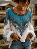 Women's Vintage Western Art Pattern Long Sleeve Linen Blend T-shirt