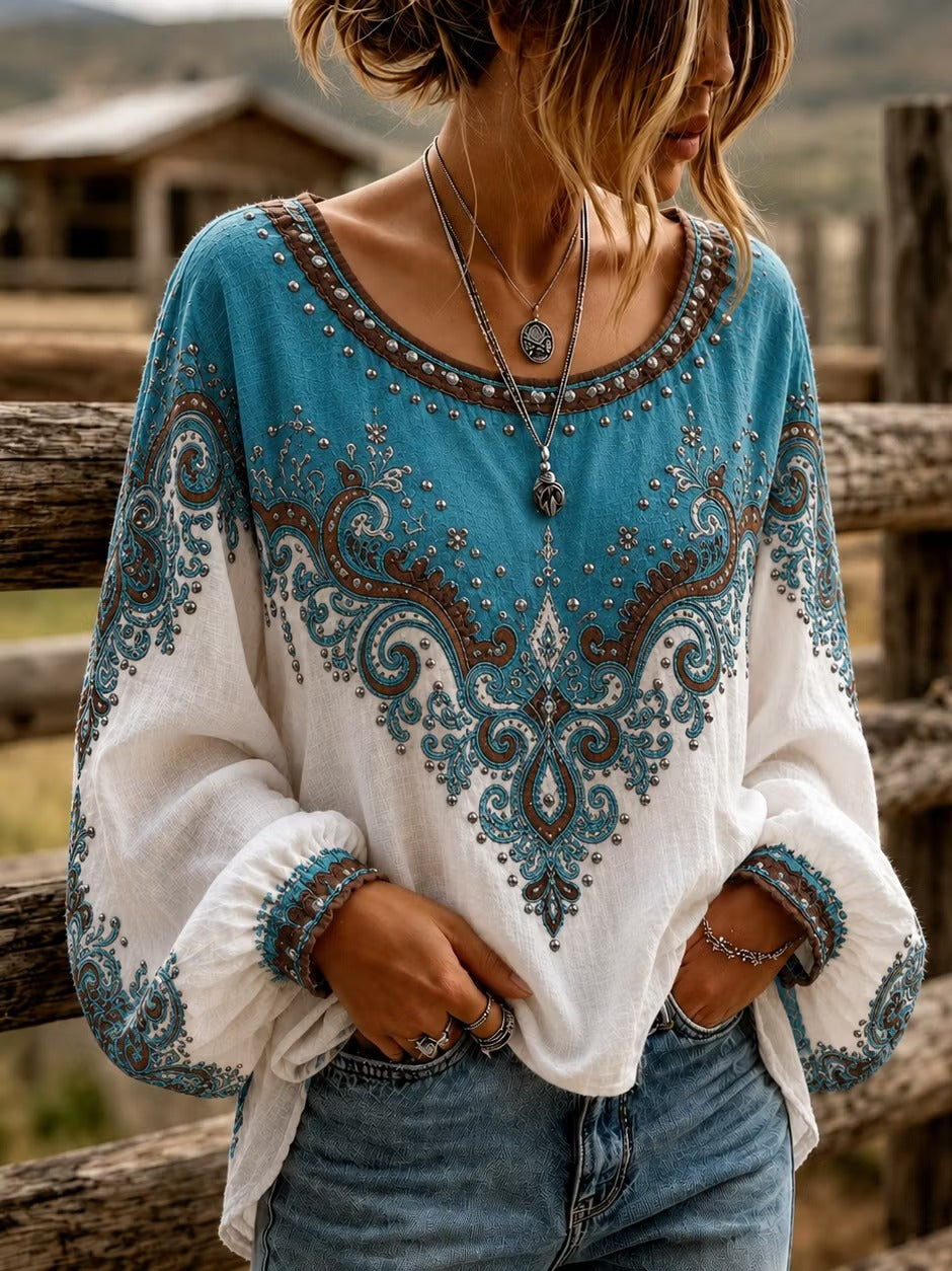 Women's Vintage Western Art Pattern Long Sleeve Linen Blend T-shirt