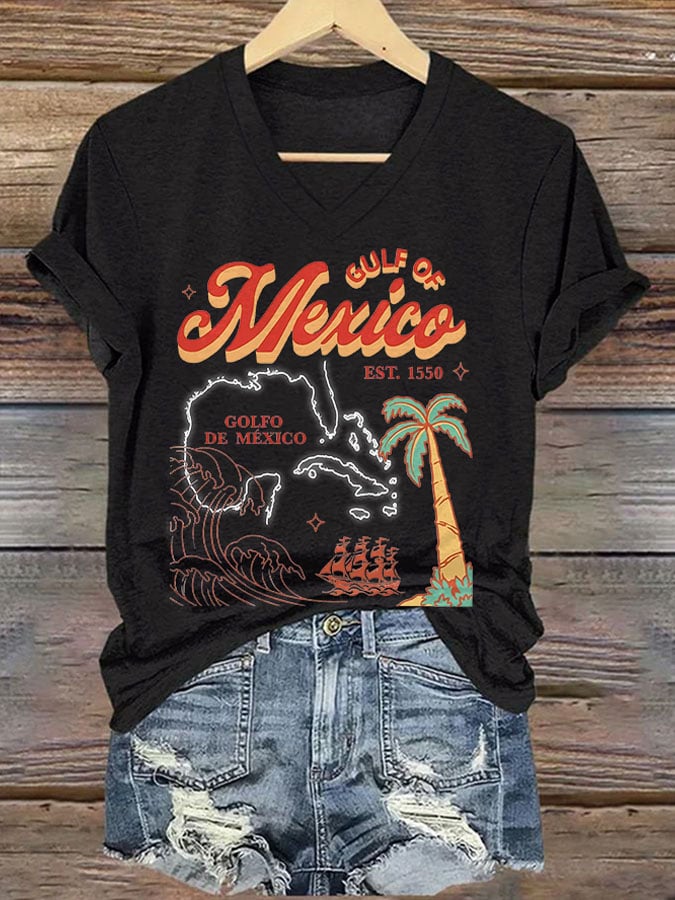 V-neck Retro Gulf Of Mexico Est.1550 Print T-Shirt