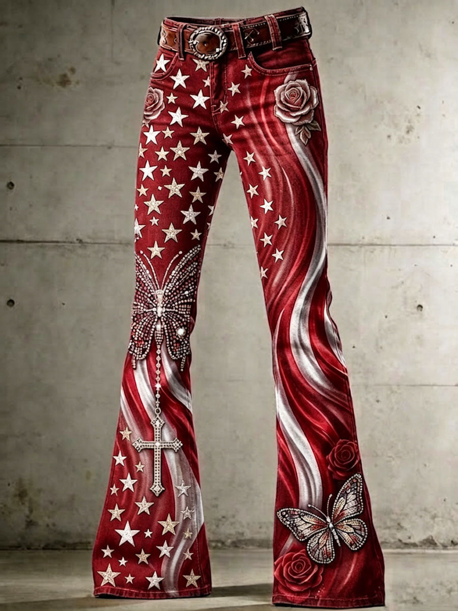 Women's High-Waisted Jeans with Cross, Flag, Butterfly, and Floral Patterns