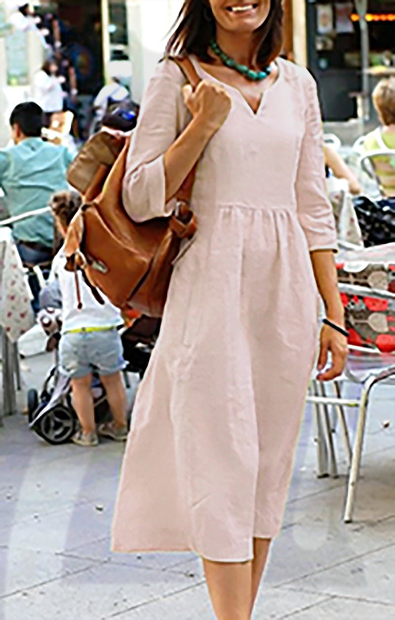 V-Neck Casual Dress, Three-Quarter Sleeves, With Pockets