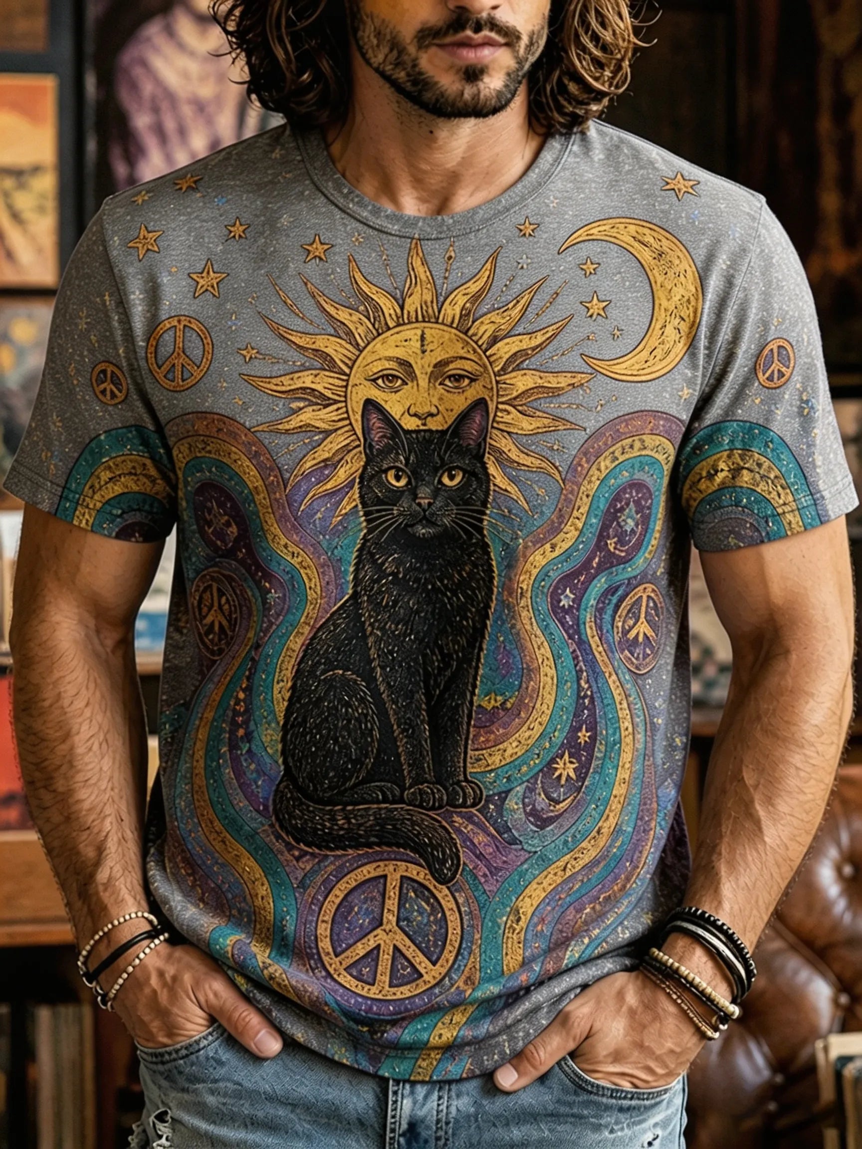 Men's Cosmic Purple Sun, Moon, And Black Cat Print Short Sleeve T-shirt
