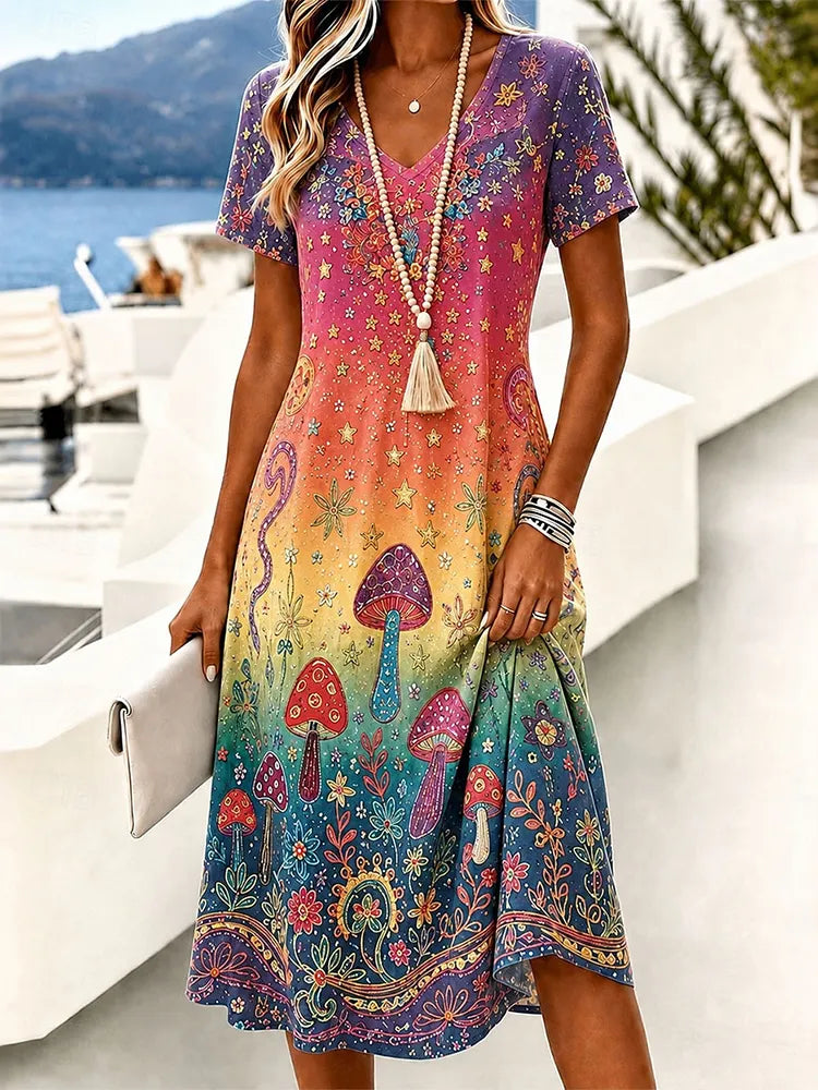Women's Vacation Hippie Mushroom Floral V-neck Short-sleeve Cotton Linen Dress