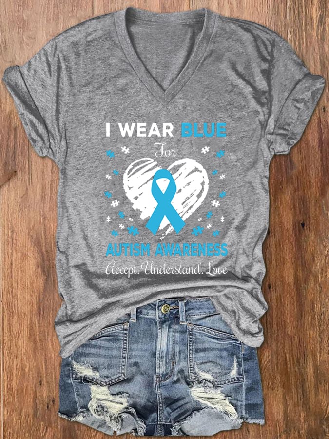 Women's I Wear Blue For Autism Awareness Accept Understand Love V-Neck T-Shirt