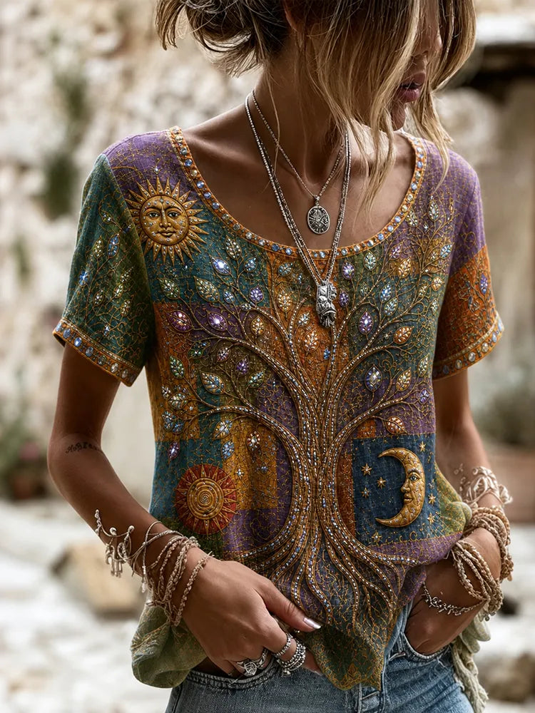 Women's Vintage Hippie Colorful Tree Of Life Sun Moon Patchwork Art Linen Blend Short Sleeve Tops