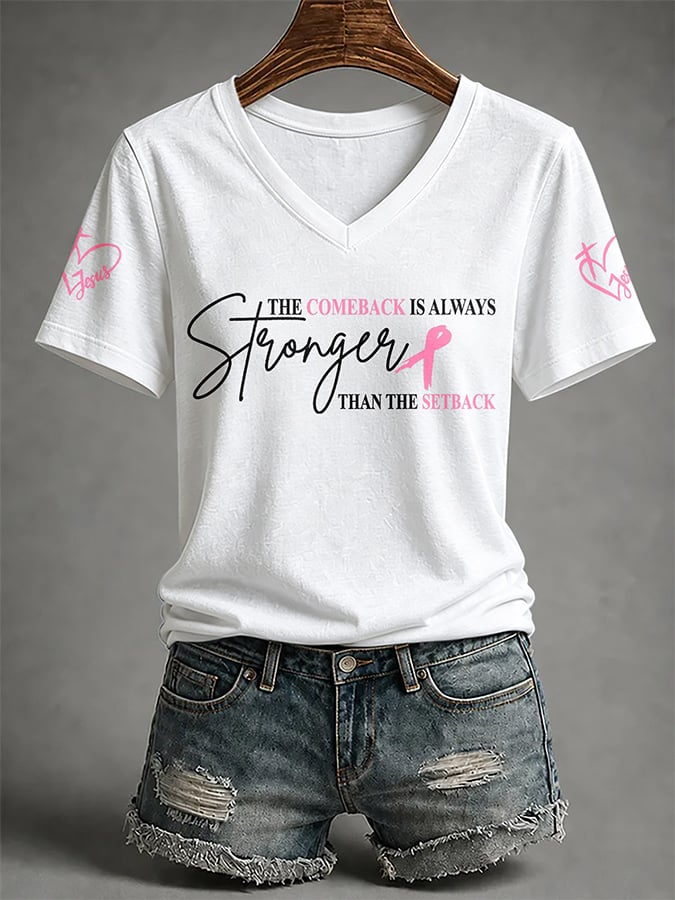V-Neck Retro Breast Cancer Awareness Pink Ribbon The Comeback Is Always Stronger Than The Setback Print T-Shirt