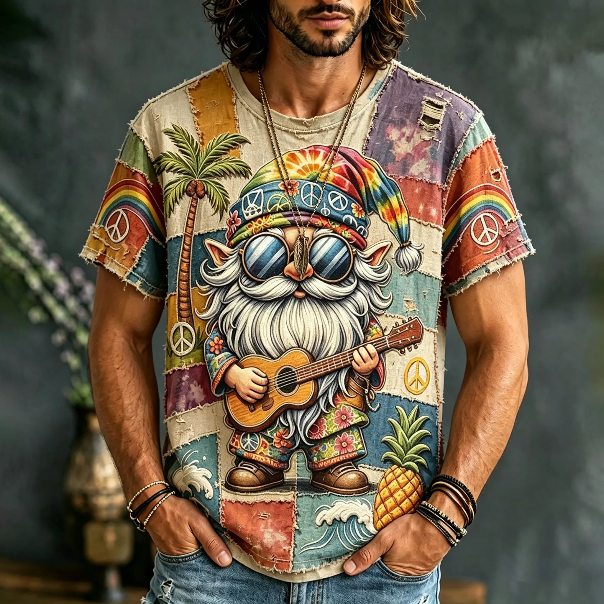 Men's Fun Patchwork Peace Gnome Guitar Art Print T-shirt