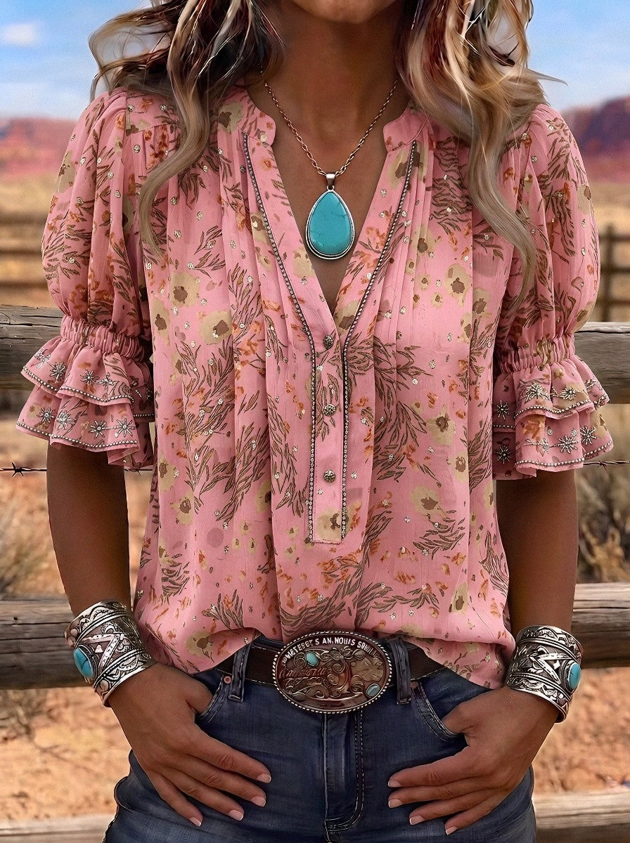 Women's Western Vintage Floral Ruffle Sleeve Printed Top