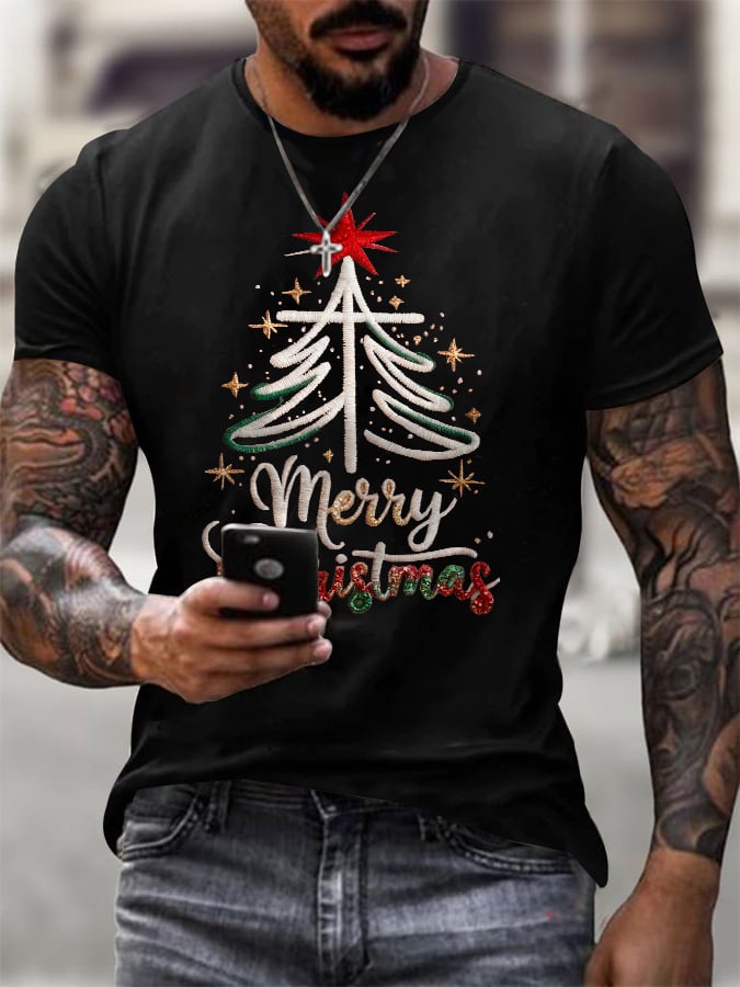 Men's Retro Merry Christmas Cross Print T-Shirt