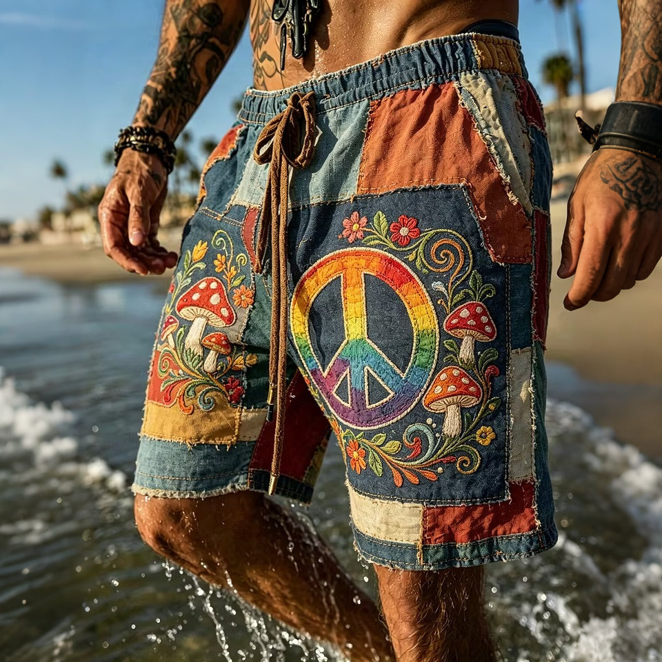 Men's Hippie Psychedelic Mushrooms Patchwork Print Casual Shorts
