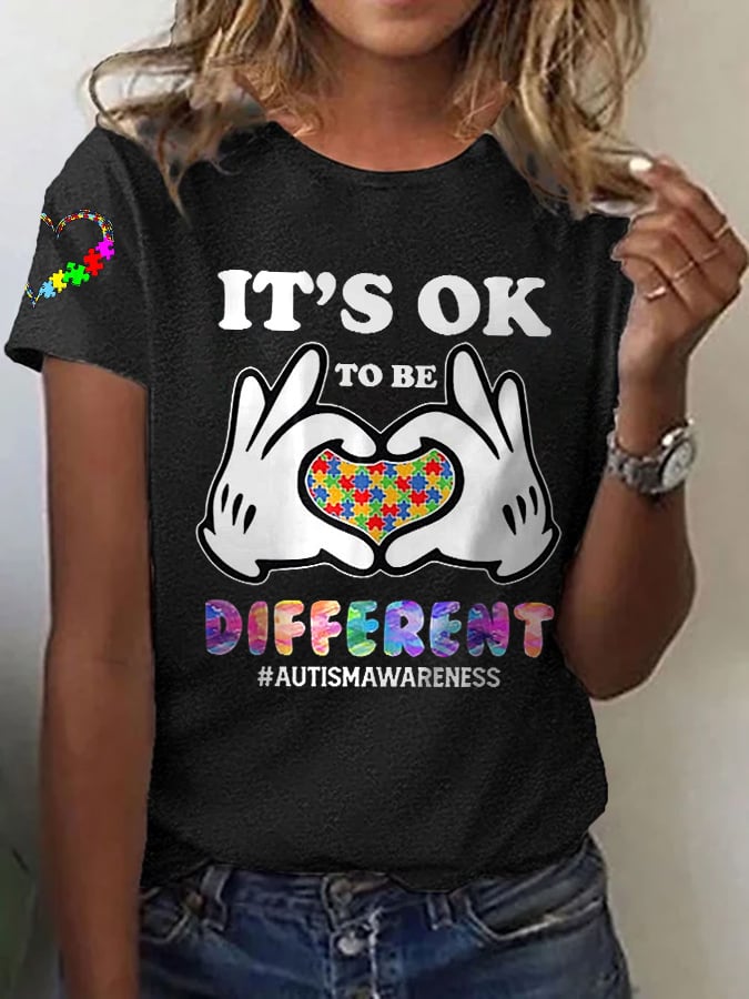 Women's It'S Ok To Be Different Autism Awareness Printed Casual T-Shirt