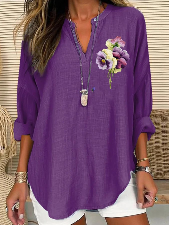 Women's Alzheimer's Floral Print Casual Long Sleeve V-Neck Shirt