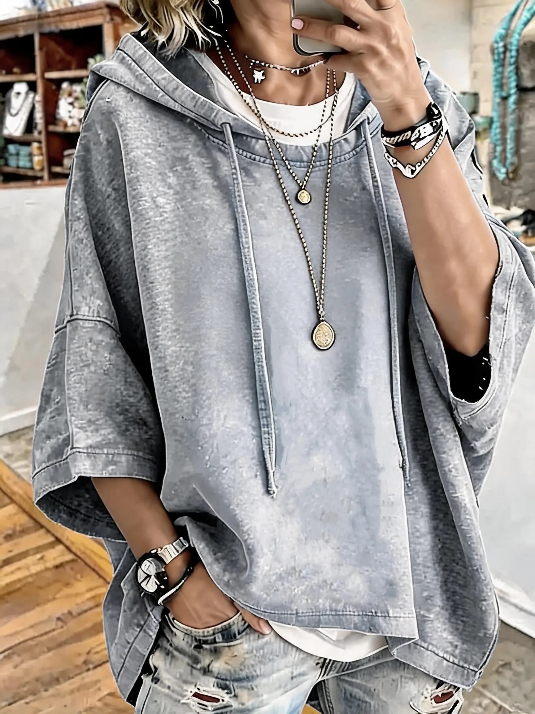 Women'S Vintage Distressed Washed Oversized Hoodie