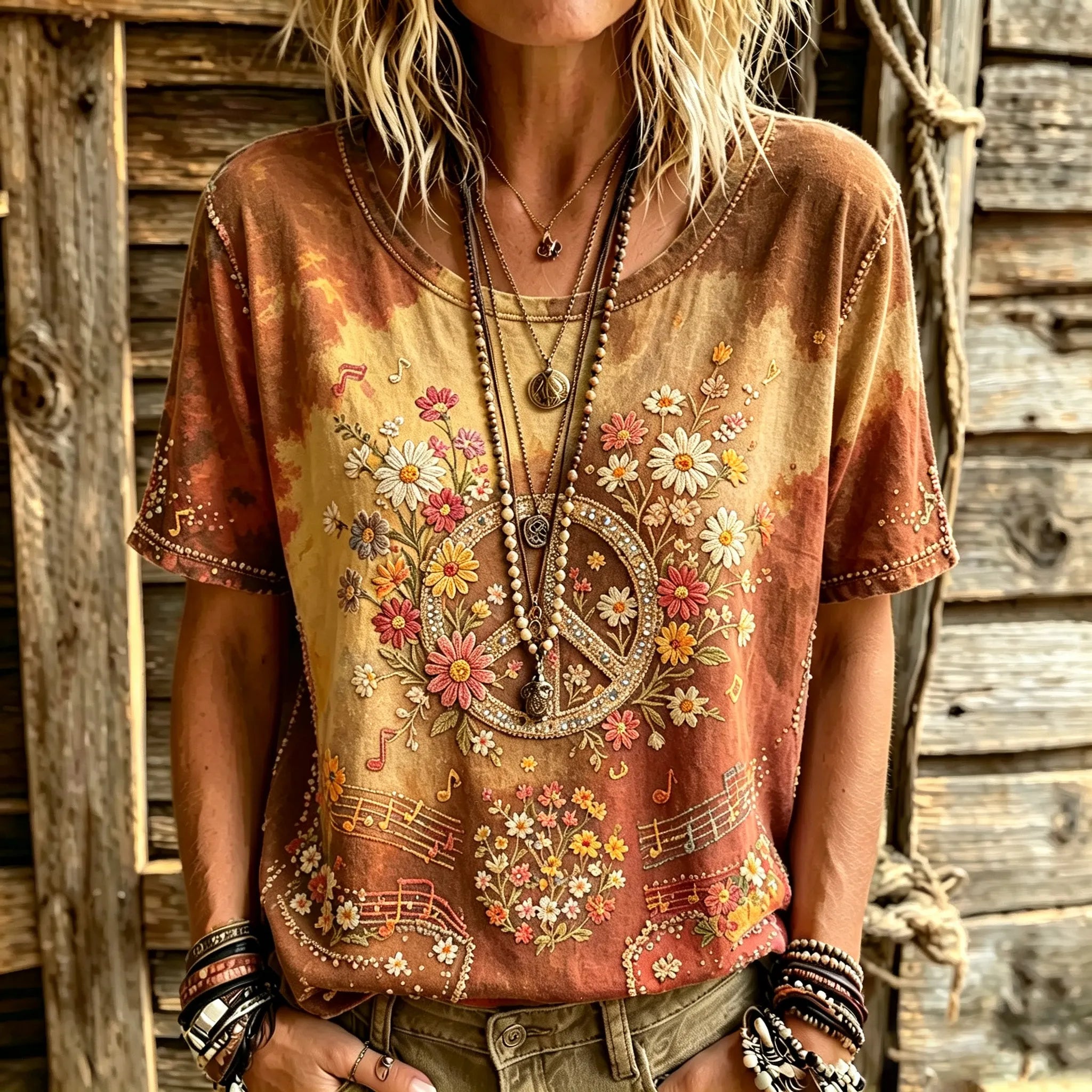 Women's Retro Tie-dye Hippie Peace Logo Floral Art Embroidery Casual Cotton Linen T-shirt