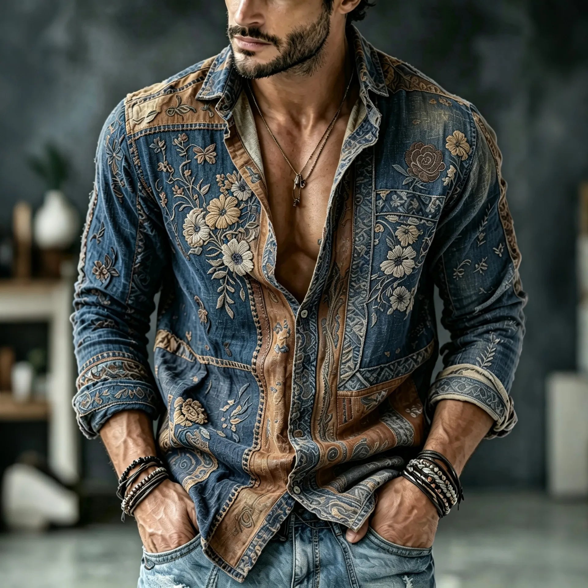 Men's Vintage Floral  Patchwork Embroidered Art Print Flowy Linen Blend Casual Shirt
