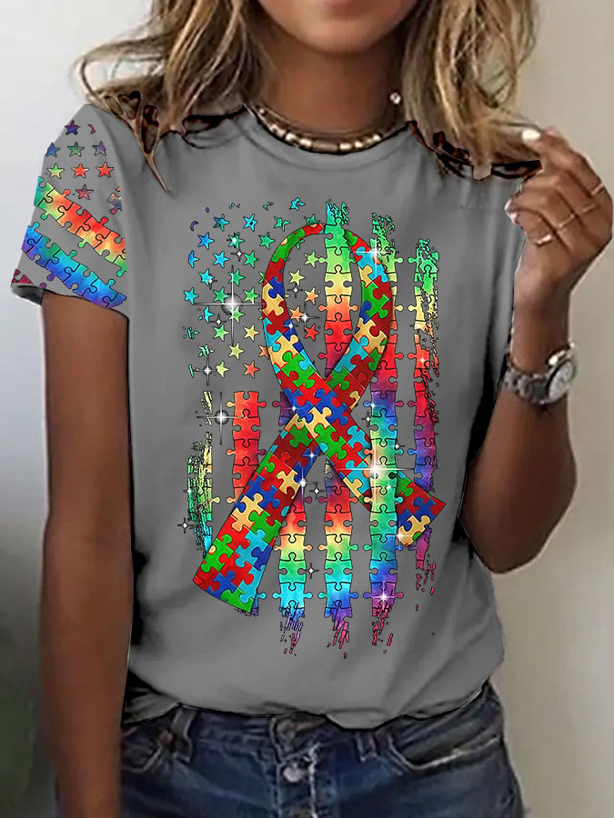 Women’s Retro Autism Awareness Colorful Puzzle Pieces Ribbon American Flag Print Short Sleeve Casual T-Shirt