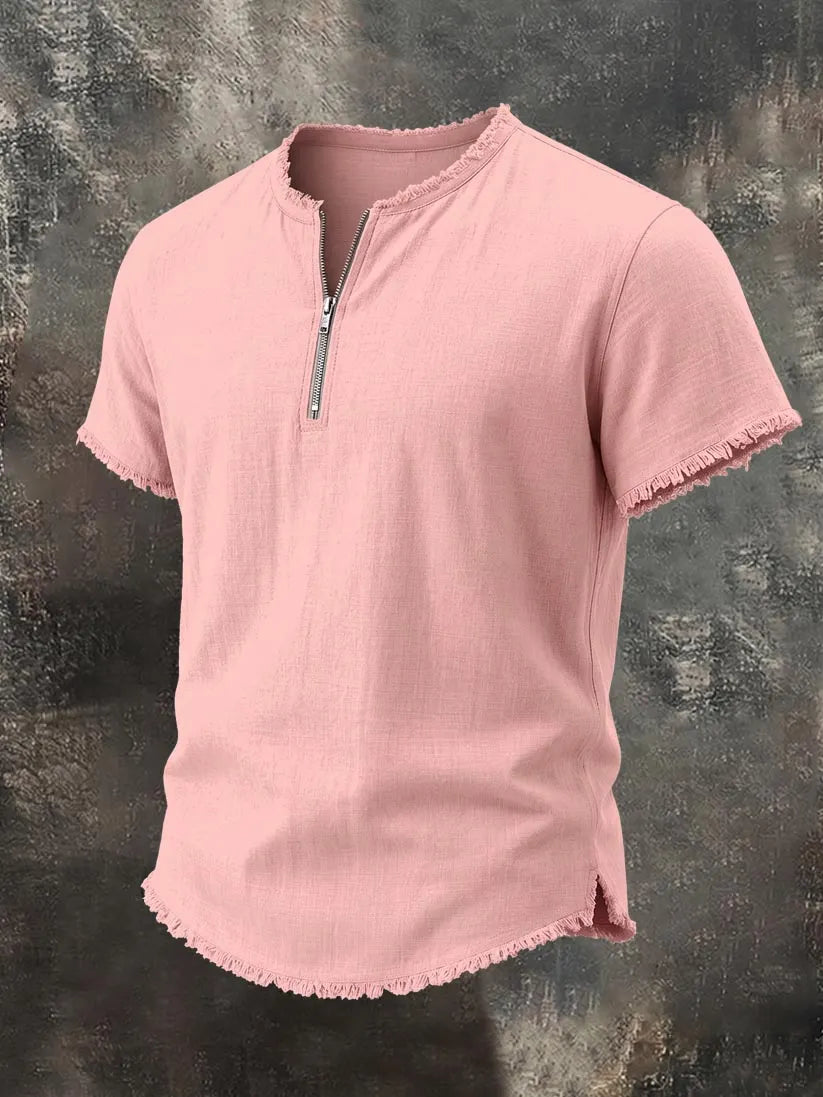 Men's Raw-Edge Cotton-Linen Zipper Top