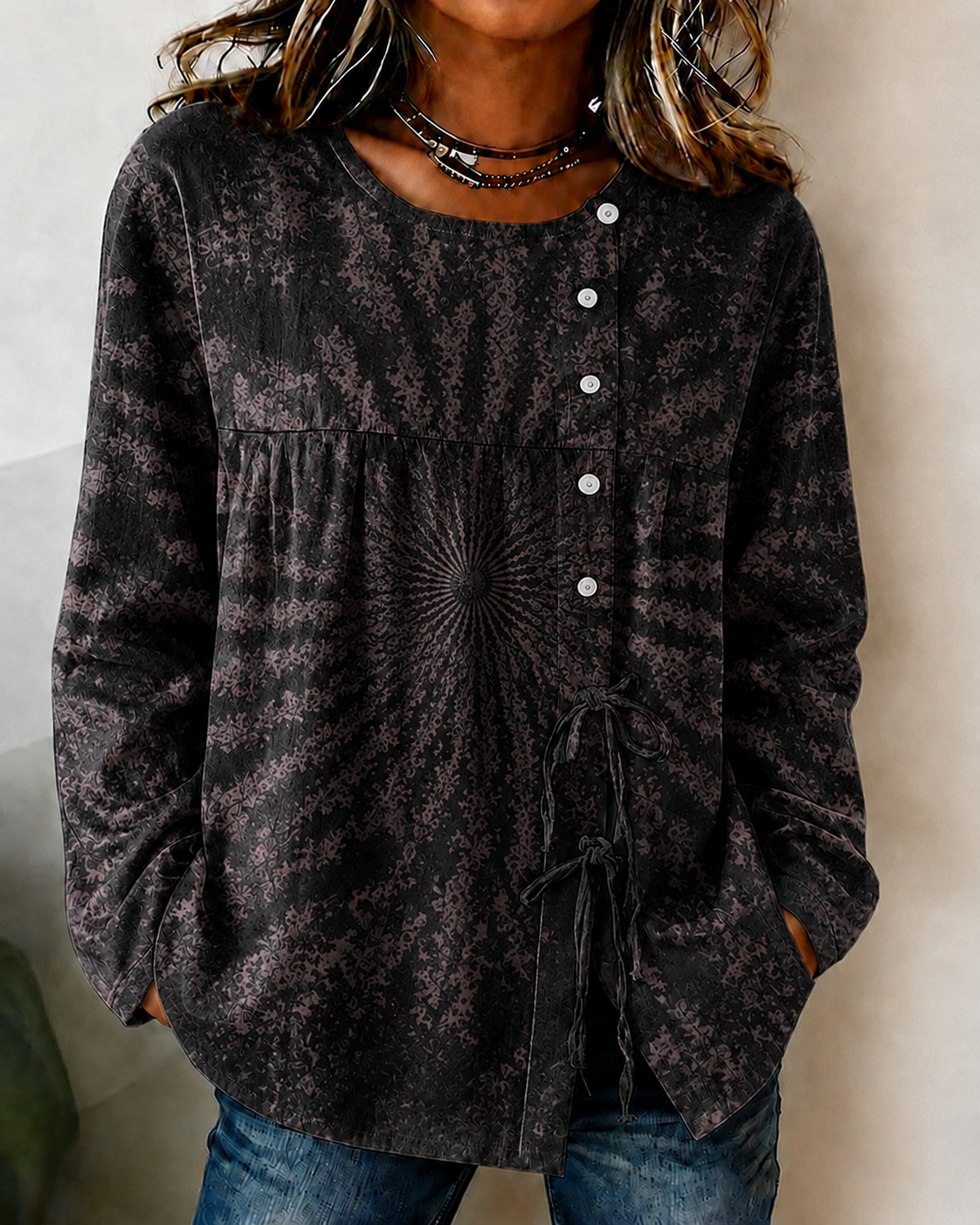 Women'S Breast Cancer Promotion Pink Tie Dye Printed Cotton Linen Long Sleeve Shirt
