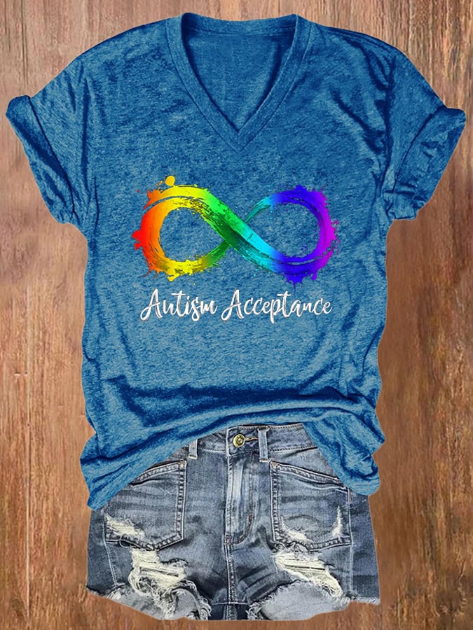 V-neck Retro Autism Awareness Infinity Autism Acceptance Print T-Shirt