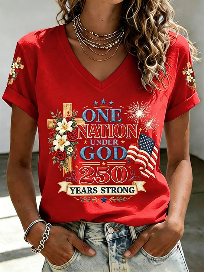 Women's America 250 Years Strong One Nation Under God Print Casual T-shirt
