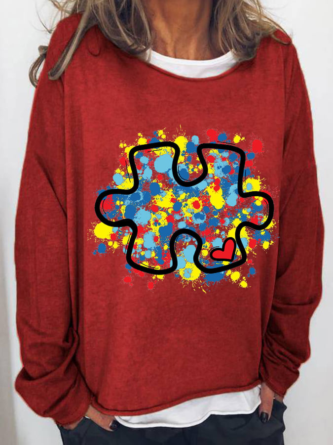 Women's Autism Awareness Be Kind Puzzle Casual Loose Print Sweater