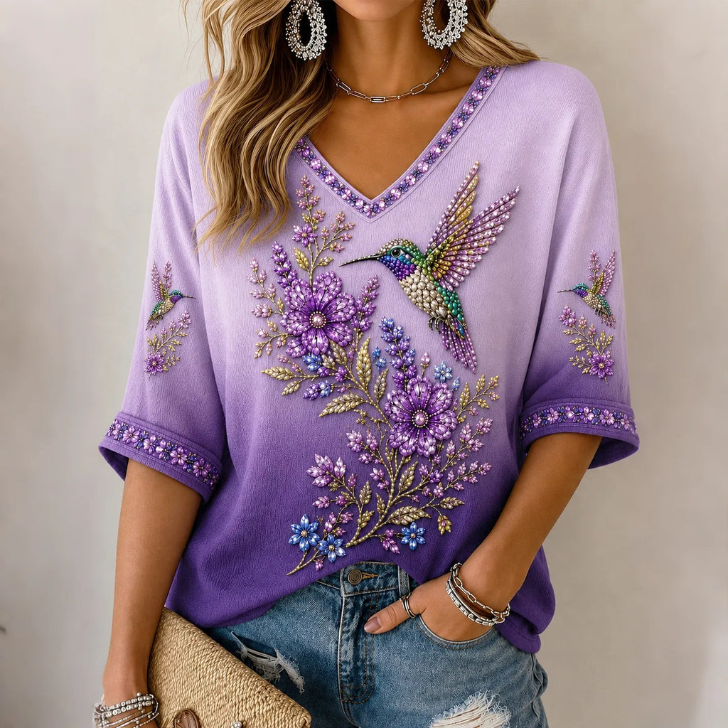 Women's Floral & Hummingbird Diamond Print Alzheimer's Awareness Support Half-sleeves T-shirt