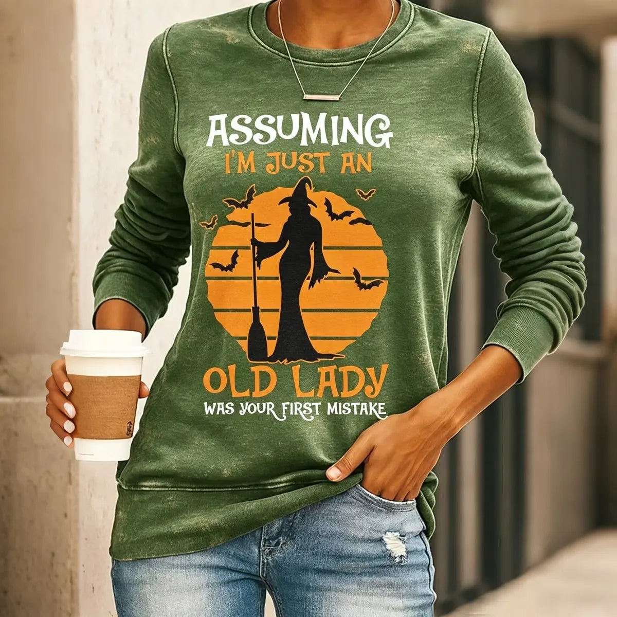 Assuming I'm Just An Old Lady Women's Halloween Print Pattern Casual  Crew Neck Sweatshirt