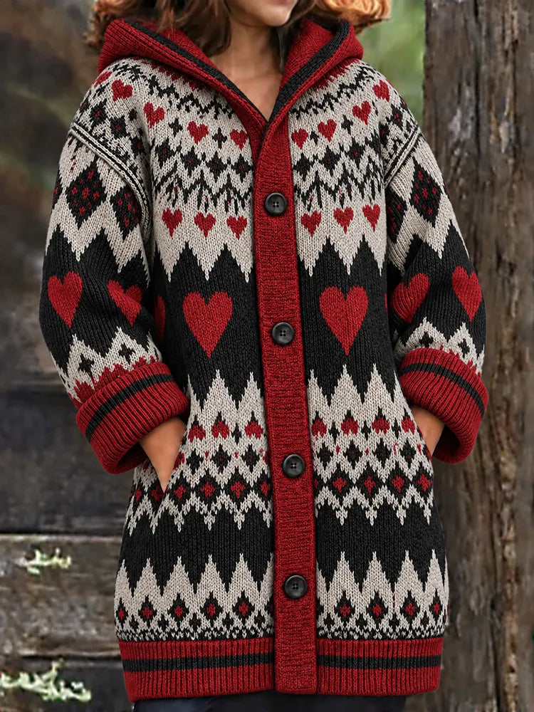 Women's Retro Color Block Heart Jacquard Thermal Hooded Cardigan