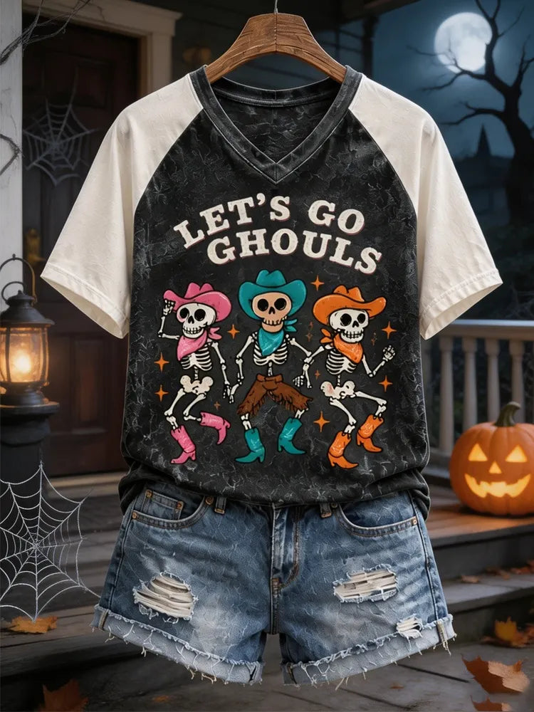 Women's Halloween Cowboy Let's Go Ghouls Printed Raglan Sleeve Short Sleeve Top