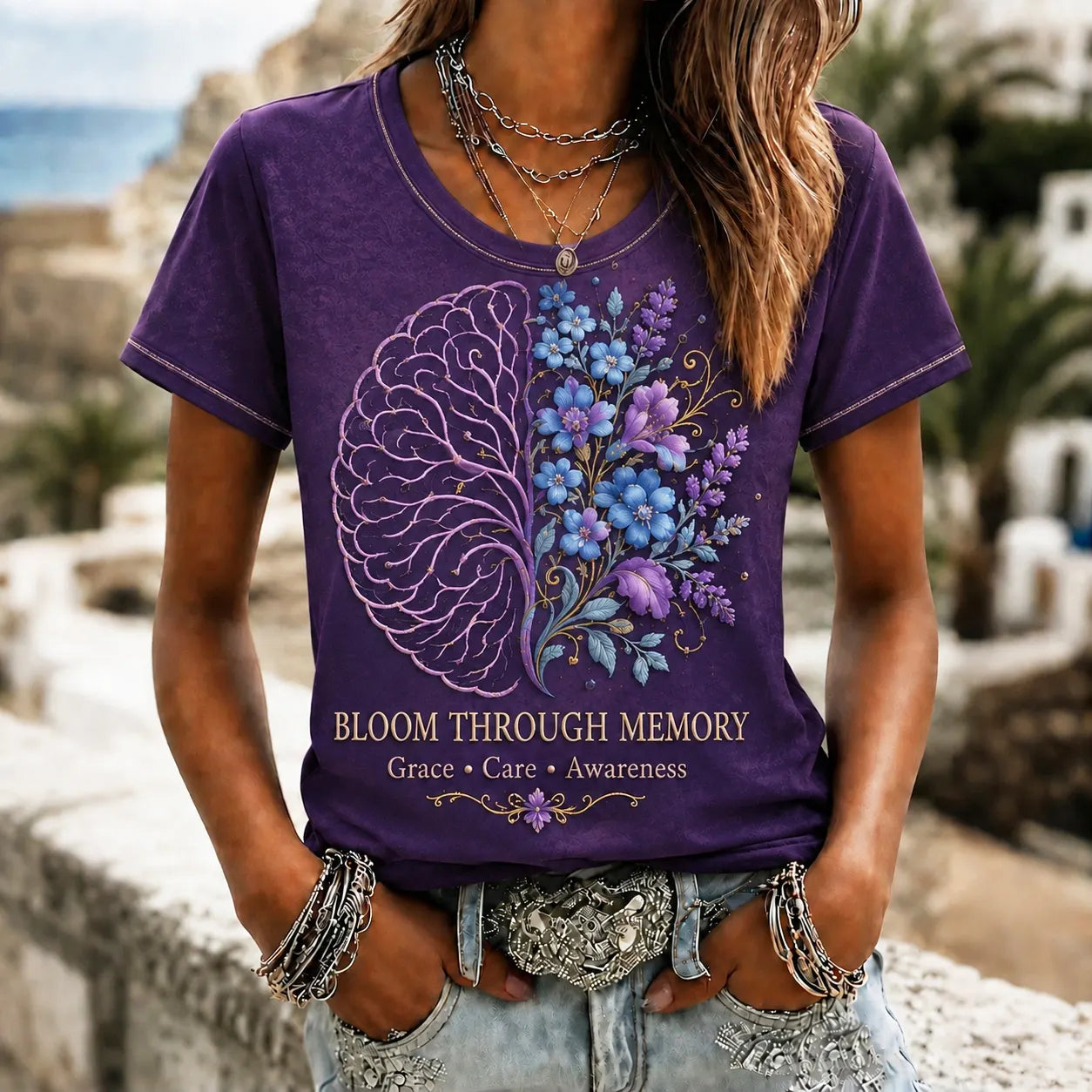 Women's Alzheimer's Awareness Bloom Through Memory Floral Art Printed T-shirt
