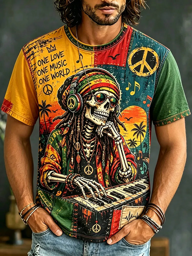 Men's Retro Music Skull Hippie Print Short-sleeve T-shirt