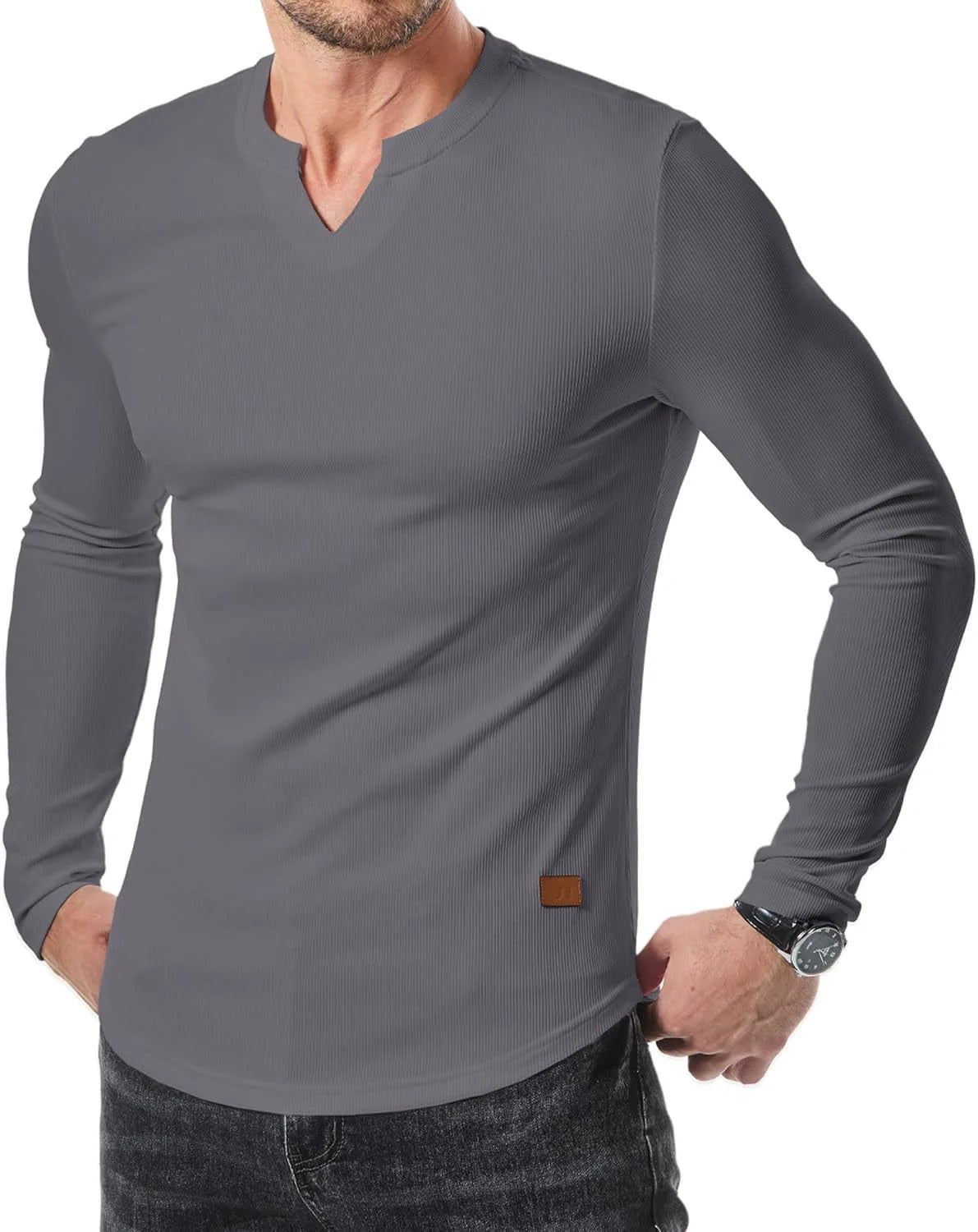 Men's Plain Casual V-Neck Long Sleeve T-Shirt