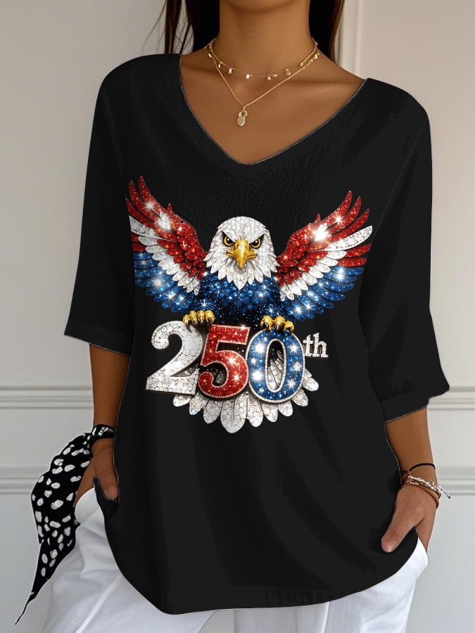 Women'S Casual American 250th Anniversary Print V-Neck T-Shirt