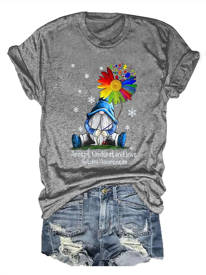 Round Neck Gnome Autism Awareness Accept Understand Love Print T-Shirt