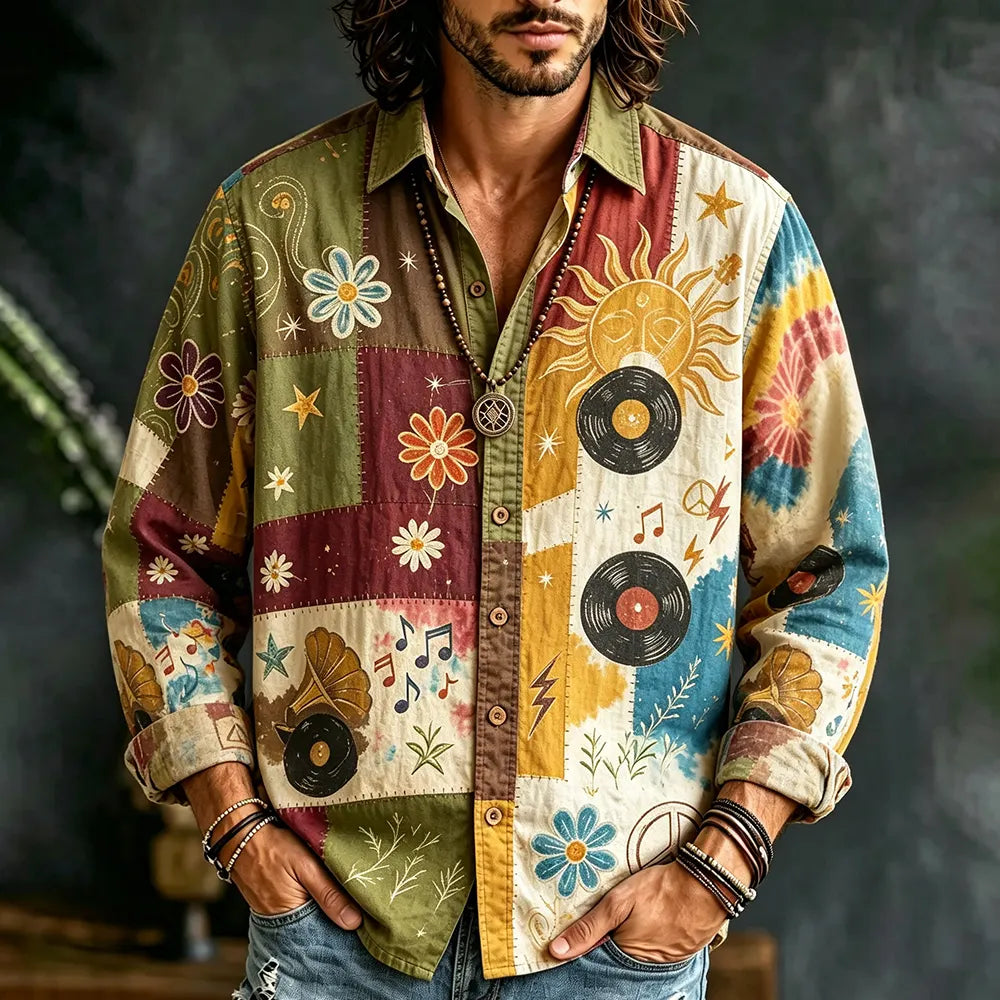 Men's Long-sleeve Patchwork Button-down Shirt With Sun, Vinyl Records, And Floral Motifs