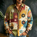 Men's Long-sleeve Patchwork Button-down Shirt With Sun, Vinyl Records, And Floral Motifs