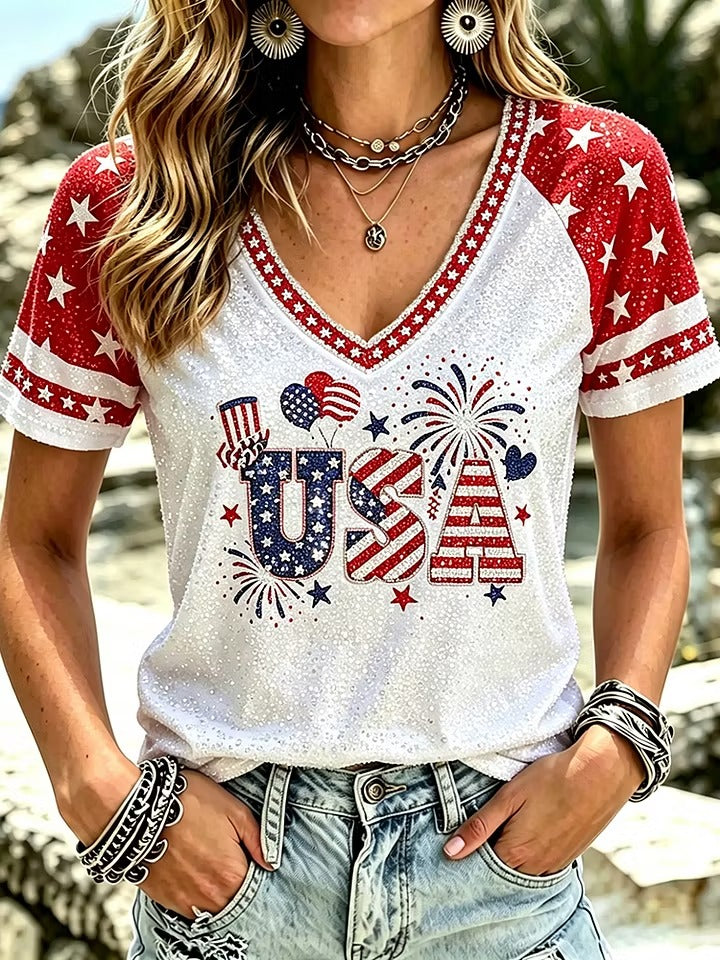Women'S Retro USA 250Th Anniversary Celebration Printed Casual Shoulder T-Shirt