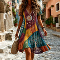 Women's Retro Hippie Sun And Moon With Life Of Tree Patchwork Pattern Art Mini Dress