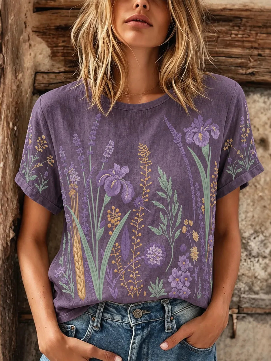 Women's Vintage Floral Embroidery Art Crew Neck Short Sleeve T-shirt