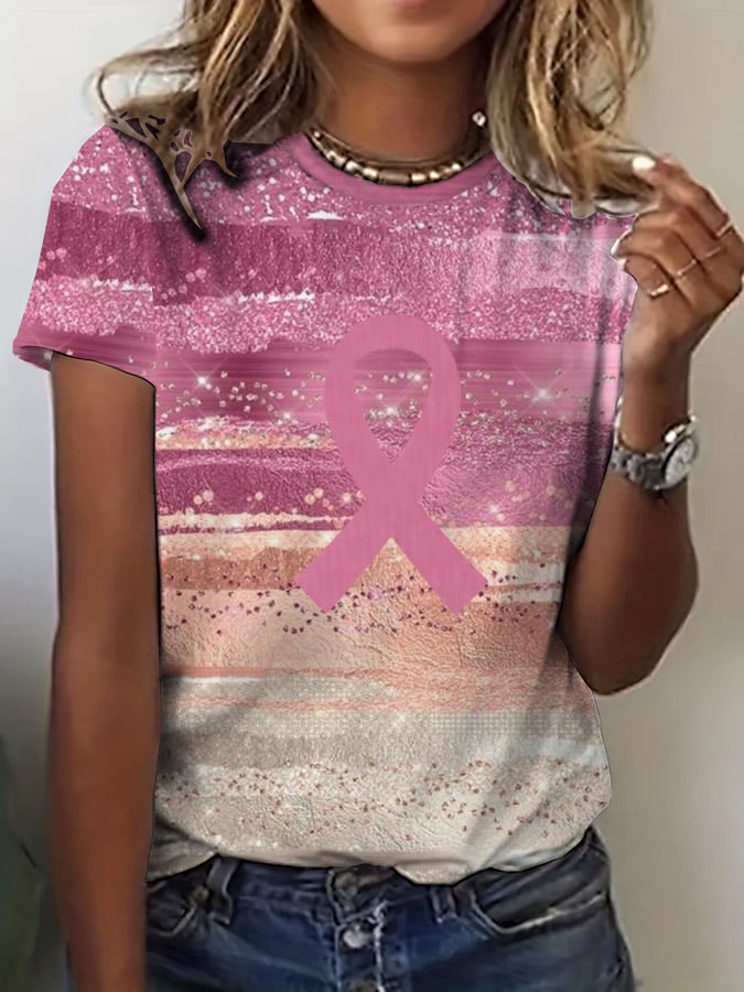 Women's Breast Cancer Print Crew Neck T-Shirt