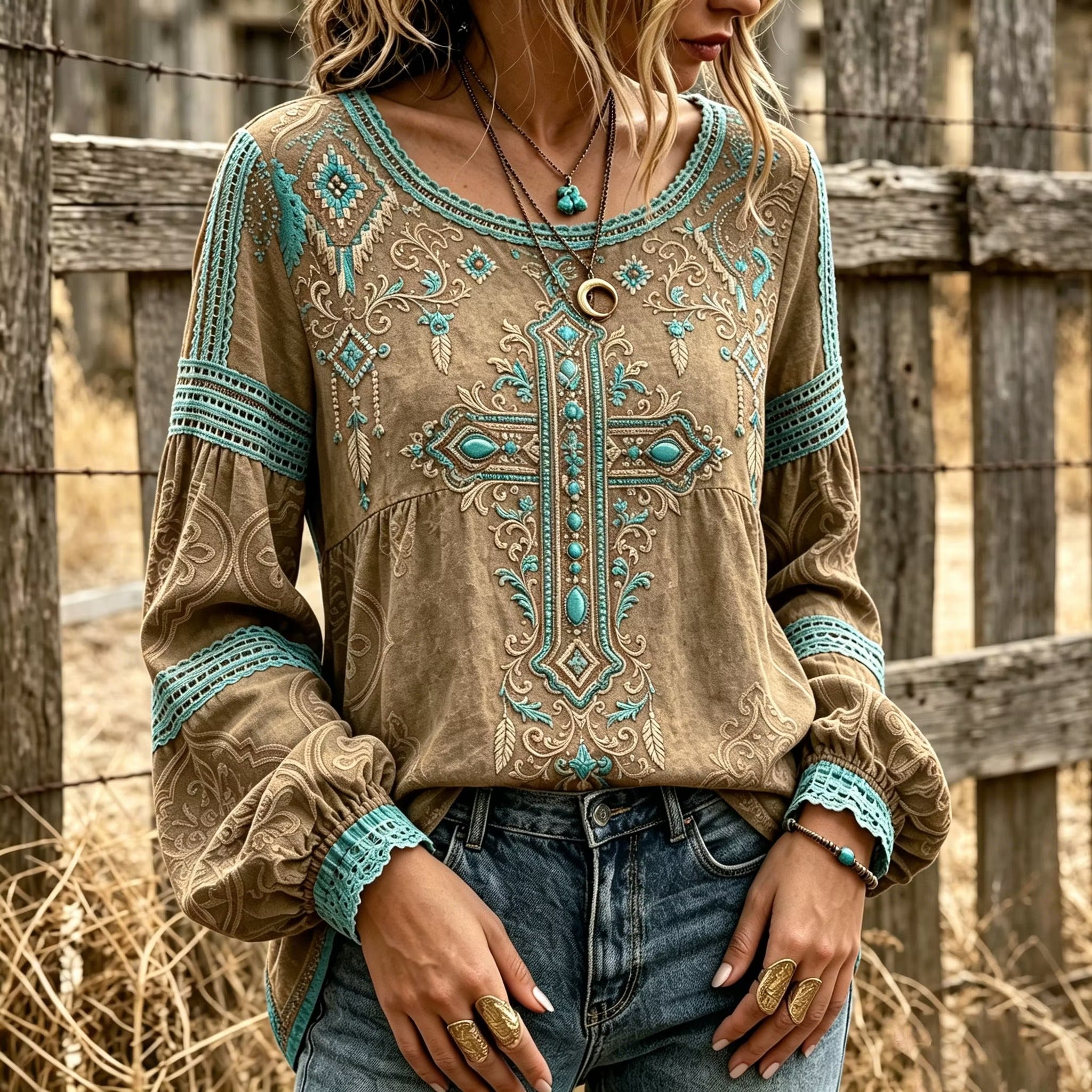 Women's Vintage Faith Western With Ethnic Geometry Art Crew Neck Long Sleeve T-shirt